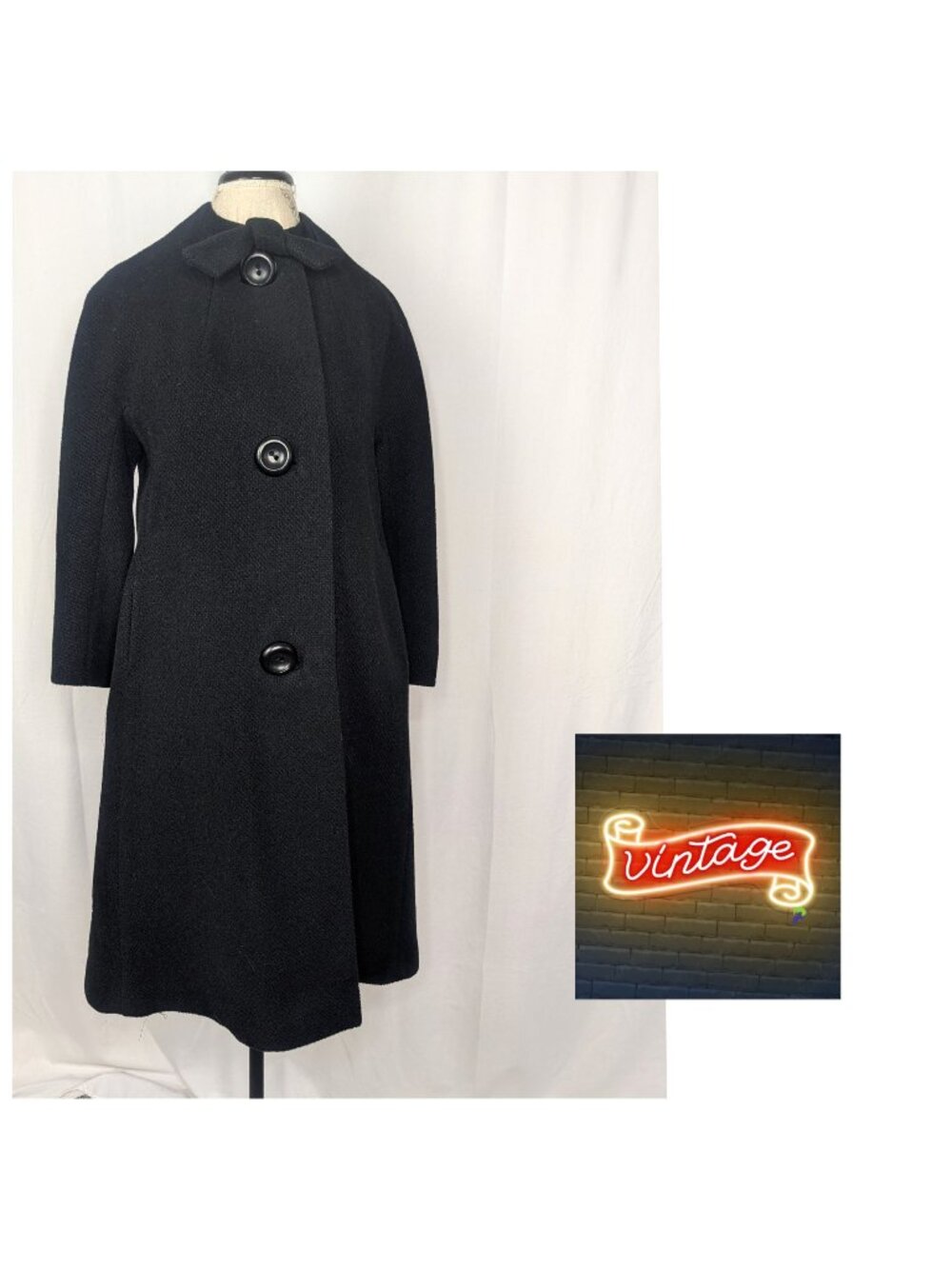 Vintage 60s Custom Juniors Black Swing Coat Medium Mid Length Wool